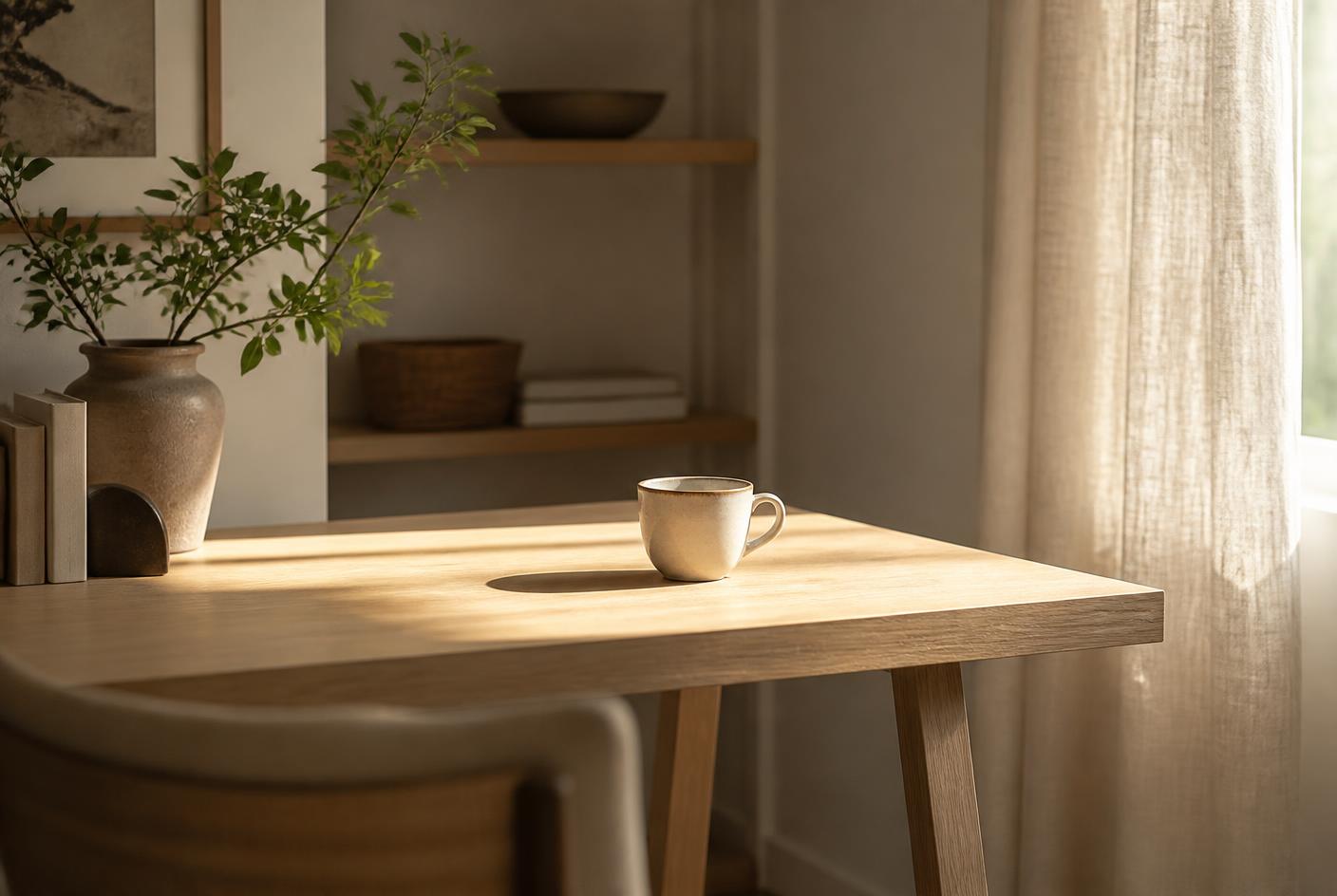 Morning light on a quiet wooden desk with a single cup of coffee